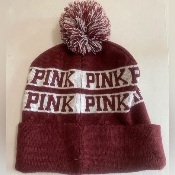 PINK by Victoria Secret Maroon Beanie Pom Pom Ball Winter Hat - Picture 1 of 3